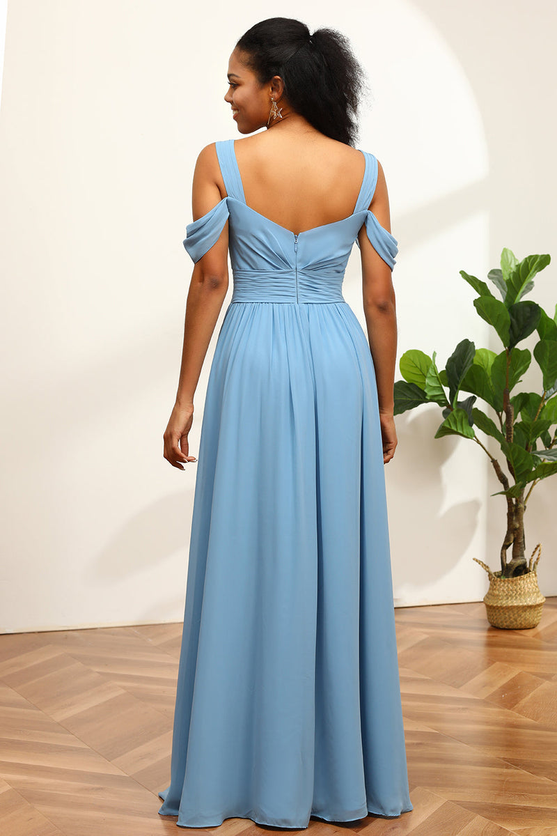 Load image into Gallery viewer, Stålblå kald skulder Chiffon brudepike kjole