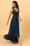 Navy V-Neck Chiffon brudepike kjole med volanger