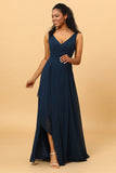 Navy V-Neck Chiffon brudepike kjole med volanger