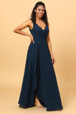 Navy V-Neck Chiffon brudepike kjole med volanger