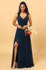 Load image into Gallery viewer, Navy V-Neck Chiffon brudepike kjole med volanger