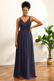 Dusty Blue Ruched Long Chiffon brudepike kjole med spalte