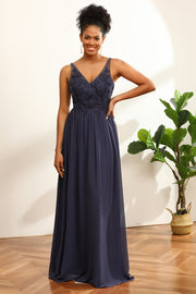 Navy V-Neck Long Chiffon brudepike kjole med åpen rygg