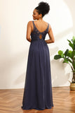 Navy V-Neck Long Chiffon brudepike kjole med åpen rygg