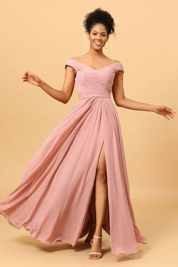 Ruffles Chiffon Pink brudepike kjole med spalte