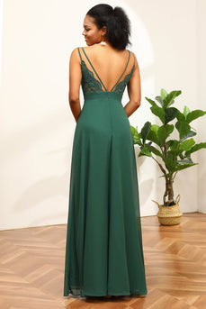 Mørkegrønn spaghetti stropper brudepike kjole med blonder