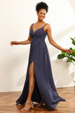Dusty Blue Ruched Long Chiffon brudepike kjole med spalte