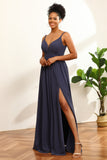 Dusty Blue Ruched Long Chiffon brudepike kjole med spalte