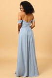 Off Shoulder Chiffon Blue brudepike kjole med spalte