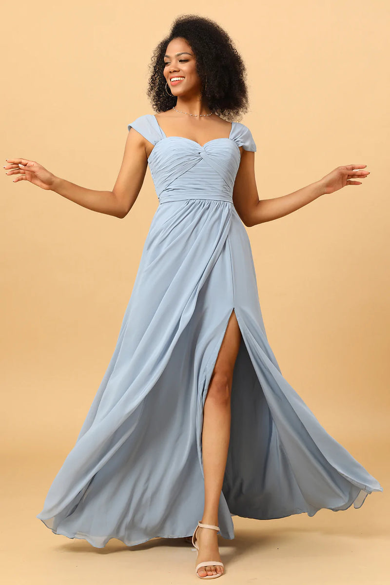 Load image into Gallery viewer, Off Shoulder Chiffon Blue brudepike kjole med spalte