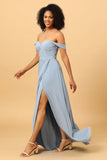 Off Shoulder Chiffon Blue brudepike kjole med spalte