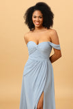 Off Shoulder Chiffon Blue brudepike kjole med spalte