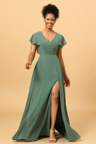 Chiffon A-line Green brudepike kjole med spalte