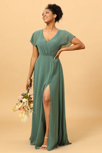 Chiffon A-line Green brudepike kjole med spalte