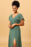 Chiffon A-line Green brudepike kjole med spalte