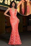 Sjarmerende Coral Mermaid Deep V Neck Sparkly Sequin Prom kjole med tilbehør