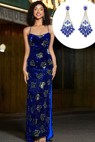 Royal Blue Mermaid Spaghetti stropper paljetter Long Prom kjole med tilbehør