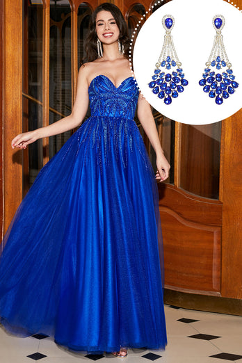 Royal Blue A-Line Sweetheart Long Beaded Prom kjole med tilbehør