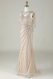 Sparkly Champagne Beaded Mermaid Long Prom Dress med Wrap