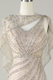 Sparkly Champagne Beaded Mermaid Long Prom Dress med Wrap