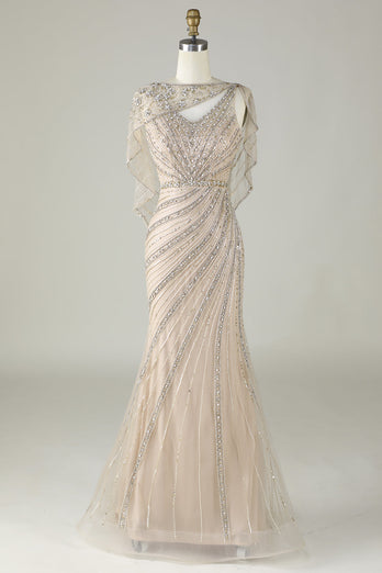 Sparkly Champagne Beaded Mermaid Long Prom Dress med Wrap