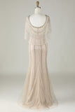 Sparkly Champagne Beaded Mermaid Long Prom Dress med Wrap