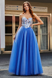 Royal Blue A-Line Sweetheart Broken Mirrors Stroppeløs korsett Long Prom Dress