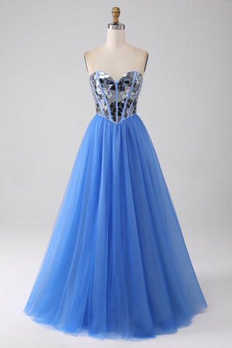 A-Line Sweetheart Mirror Royal Blue Prom kjole