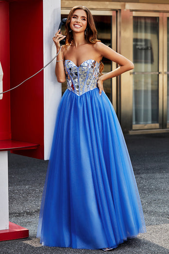 Royal Blue A-Line Sweetheart Broken Mirrors Stroppeløs korsett Long Prom Dress