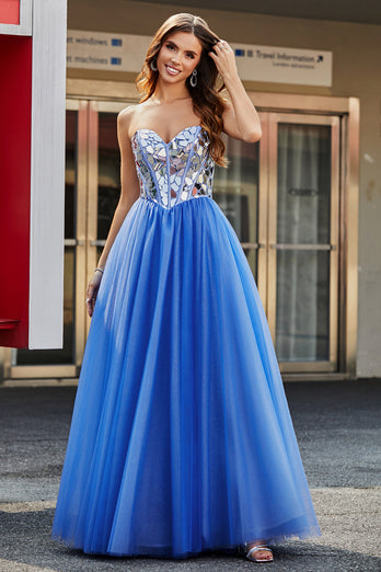 Royal Blue A-Line Sweetheart Broken Mirrors Stroppeløs korsett Long Prom Dress