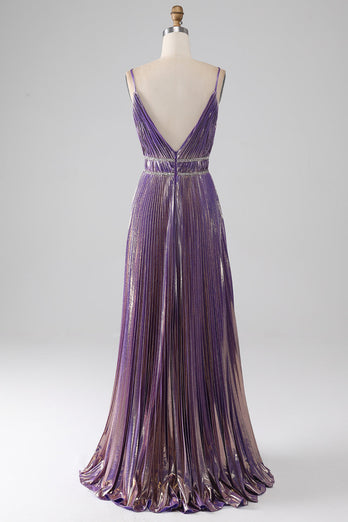Glitter Purple A-Line Spaghetti stropper plissert Prom Dress