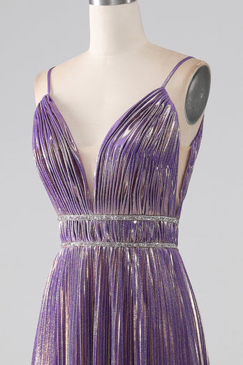 Glitter Purple A-Line Spaghetti stropper plissert Prom Dress