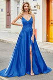 Royal Blue A Line Spaghetti stropper Long Backless Prom Kjole med Appliques