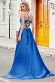 Royal Blue A Line Spaghetti stropper Long Backless Prom Kjole med Appliques