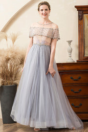 Grey Tulle En linje Beaded Glitter Mor brud kjole