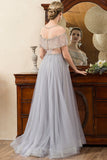 Grey Tulle En linje Beaded Glitter Mor brud kjole