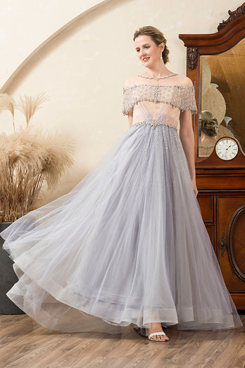 Grey Tulle En linje Beaded Glitter Mor brud kjole
