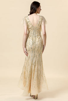 Havfrue V Neck Golden Beaded lang formell kjole