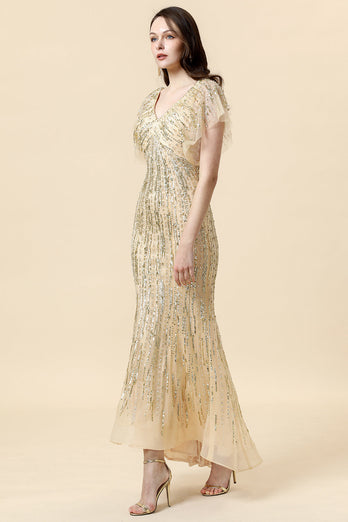 Havfrue V Neck Golden Beaded lang formell kjole