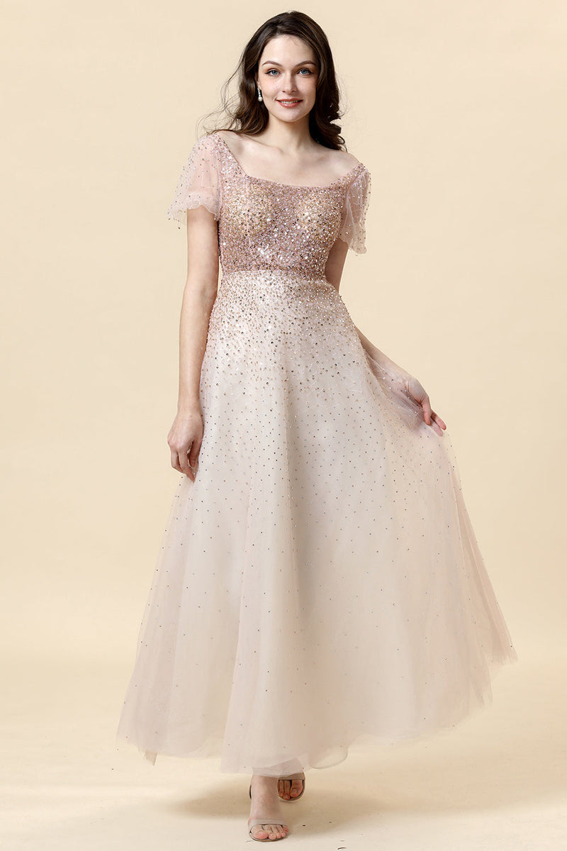 Load image into Gallery viewer, A Line Square Neck Blush Beading Long Formal Dress