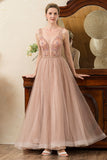 Blush Beaded A Line Sparkly Evening Dress