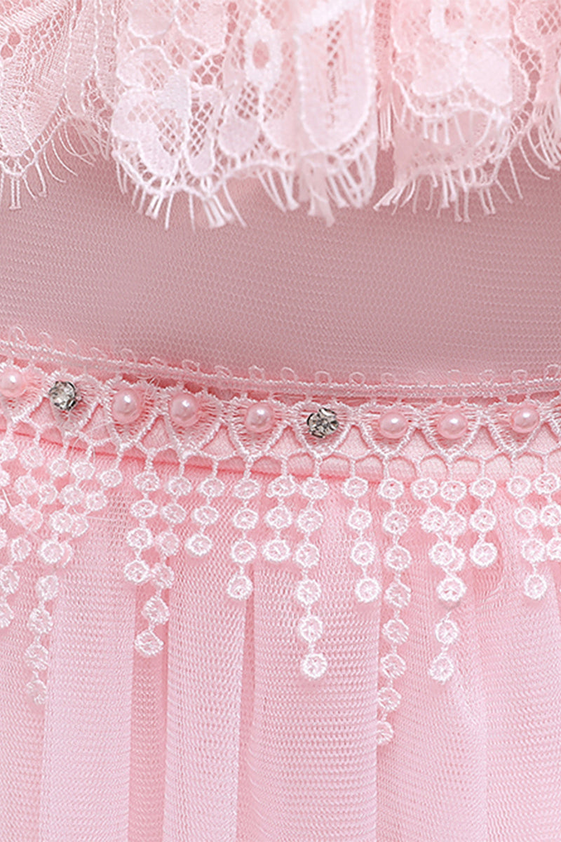 Load image into Gallery viewer, rosa illusjon rund hals blomst jente kjole med blonder