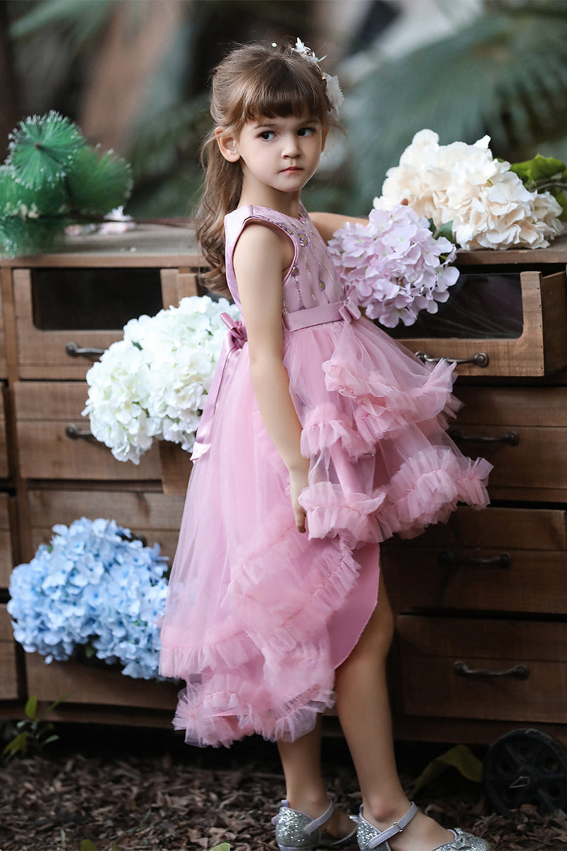 Load image into Gallery viewer, rødme høy lav tiered blomst jente kjole