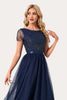 Load image into Gallery viewer, Sparkly Navy Boat Neck Beaded Long Prom Dress