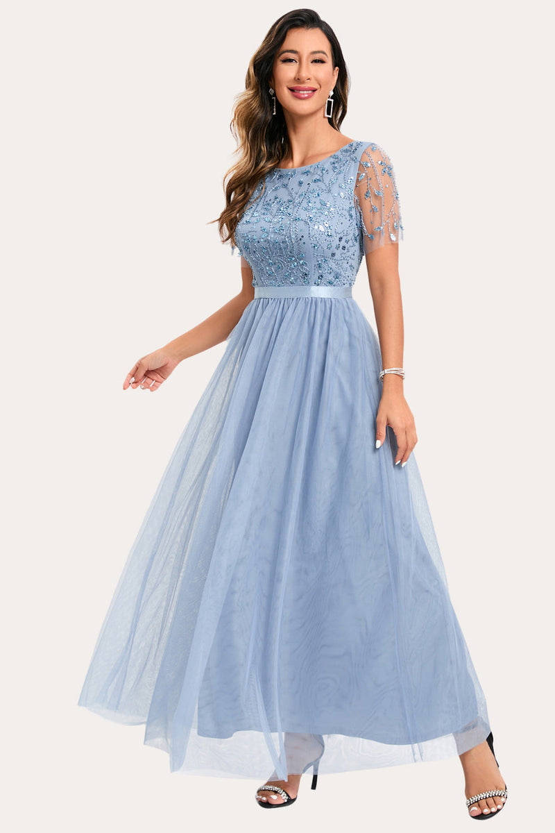 Load image into Gallery viewer, Sparkly Blue Beaded Long Tylle Prom Dress
