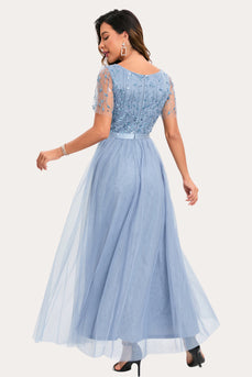 Sparkly Blue Beaded Long Tylle Prom Dress