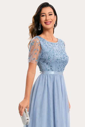 Sparkly Blue Beaded Long Tylle Prom Dress