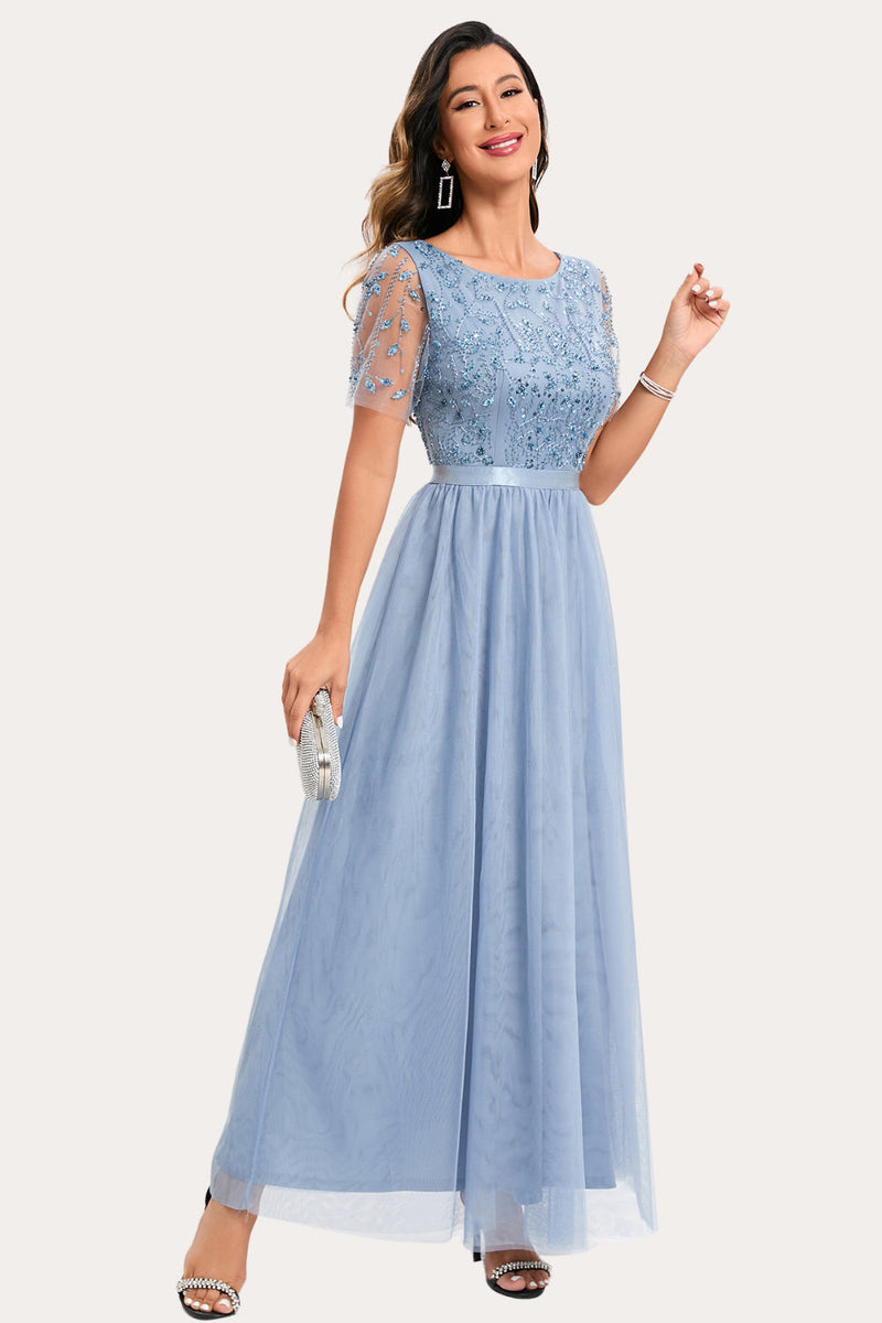 Load image into Gallery viewer, Sparkly Blue Beaded Long Tylle Prom Dress