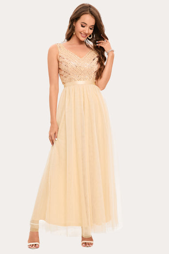 Sparkly Champagne Beaded Long Tylle Prom Dress