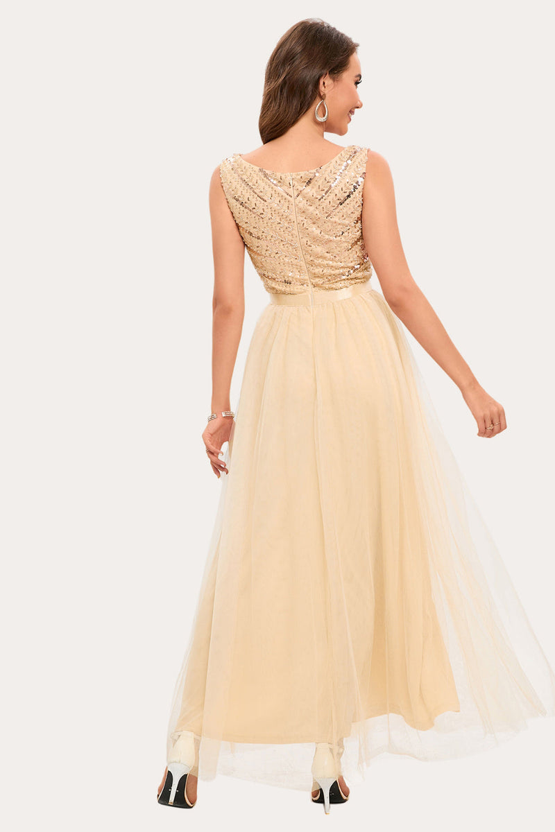 Load image into Gallery viewer, Sparkly Champagne Beaded Long Tylle Prom Dress